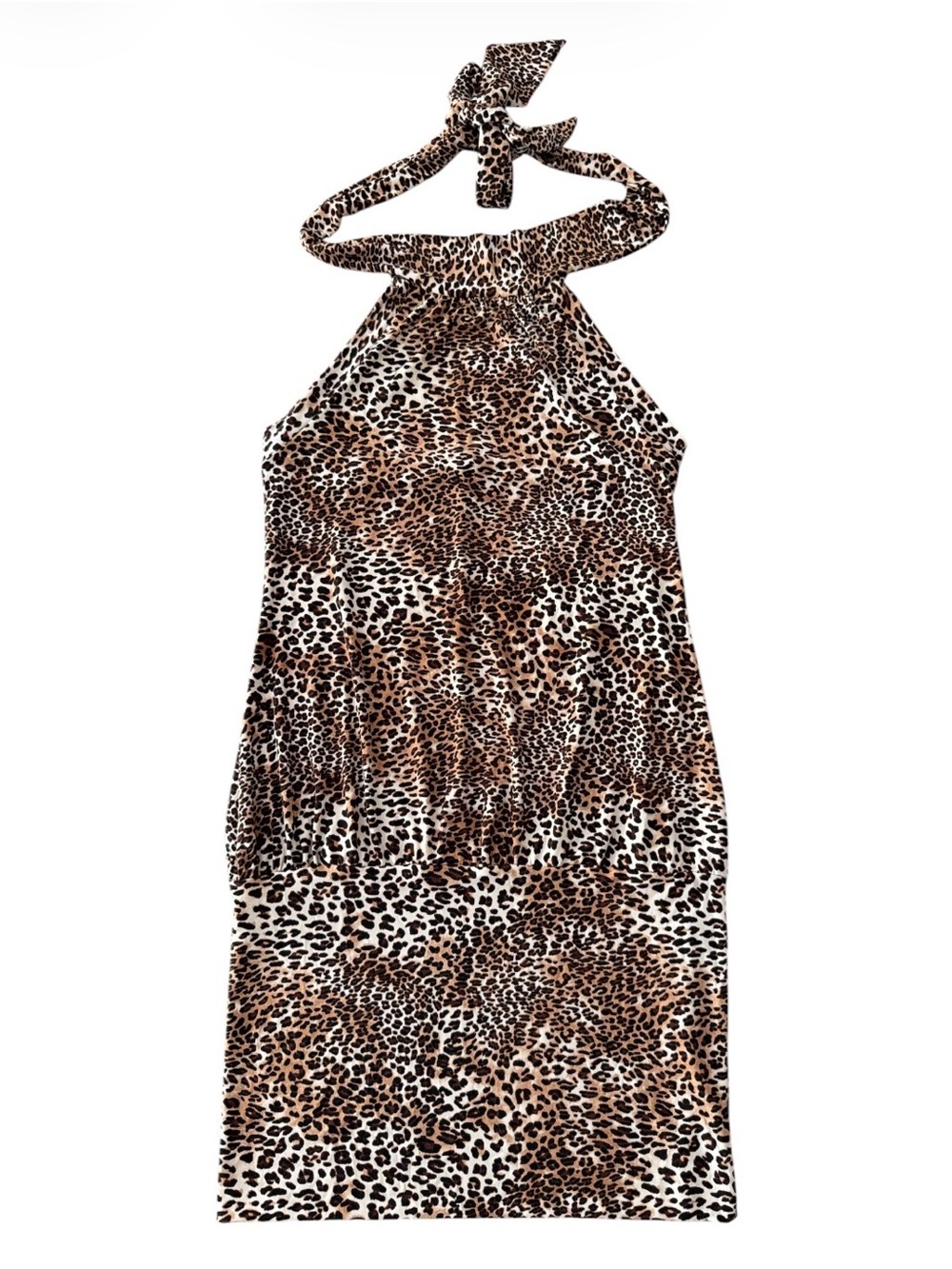 Vintage 90s Donutz Inc Leopard Halter Dress M Made in USA Low Back Cheetah